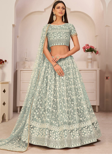 Designer Thread Embroidery Pista Green Net Lehenga Choli